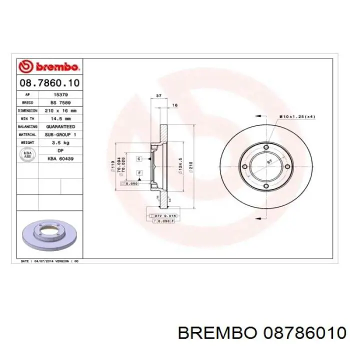 Диск гальмівний передній 08786010 Brembo