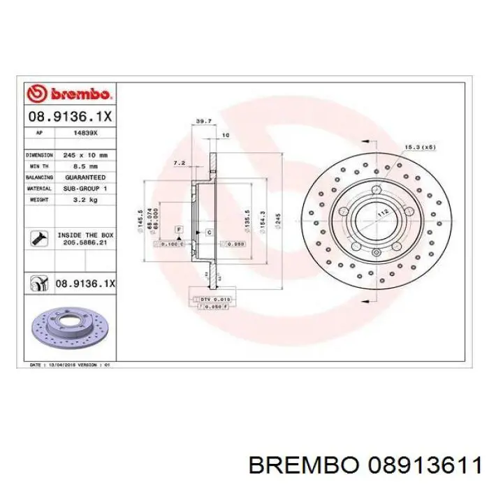 Купити 08913611 Brembo Диск заднього гальма