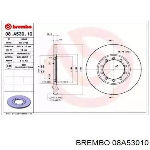 08A53010 Brembo диск гальмівний задній