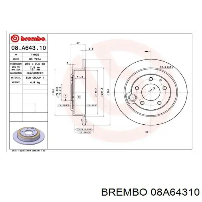 08A64310 Brembo диск гальмівний задній