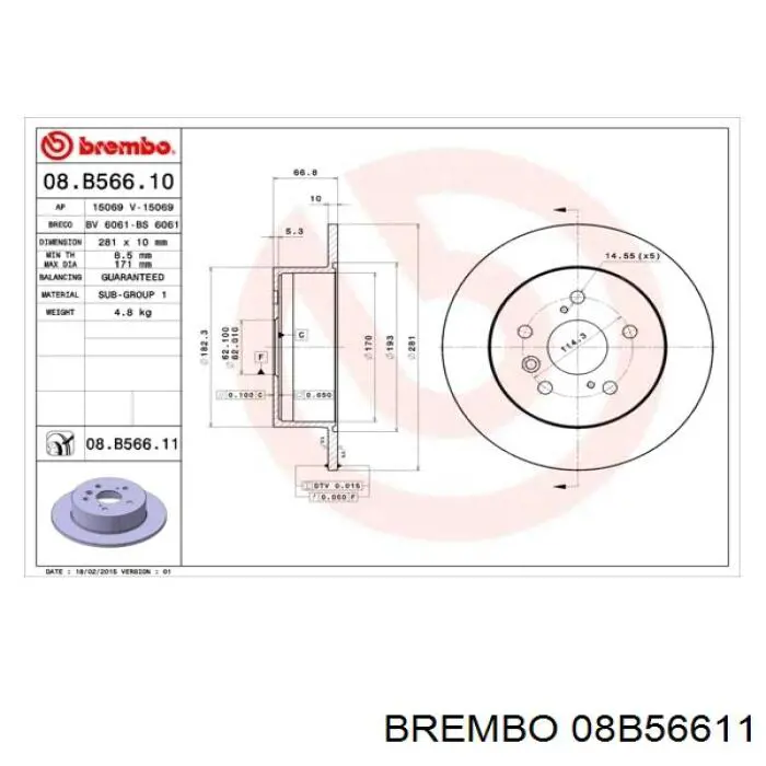 08B56611 Brembo диск гальмівний задній