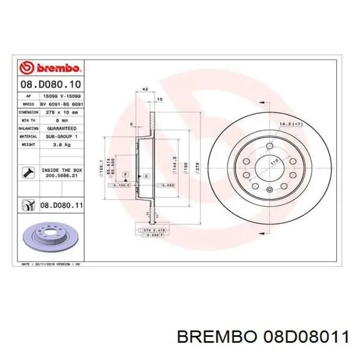 Диск гальмівний задній 08D08011 Brembo