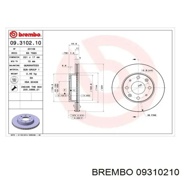 09310210 Brembo диск гальмівний передній