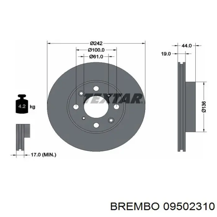Диск гальмівний передній Brembo 09502310