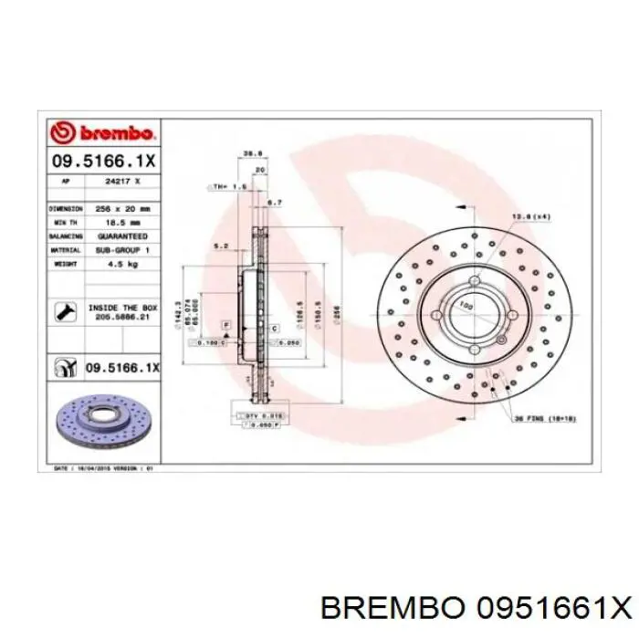 Диск переднього гальма Brembo 0951661X ціна, від 26.14 USD