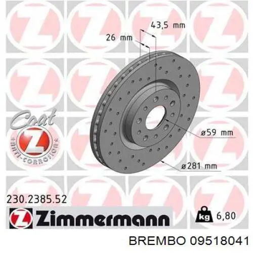 Диск переднього гальма Brembo 09518041 ціна, від 29.74 USD