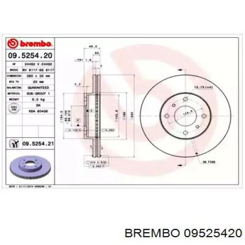 Диск гальмівний передній 09525420 Brembo