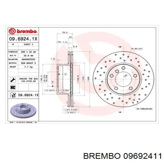 Диск переднього гальма Brembo 09692411 ціна, від 51.78 USD