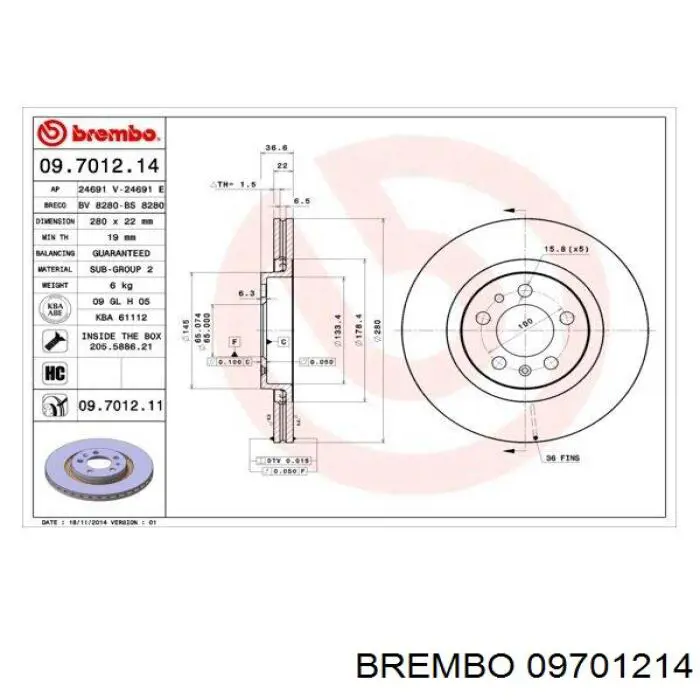 09701214 Brembo диск гальмівний передній