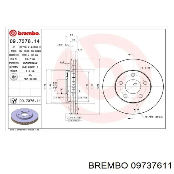 09737611 Brembo диск гальмівний передній