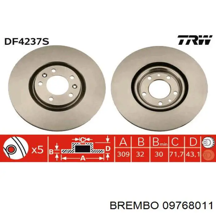 Диск гальмівний передній Brembo 09768011