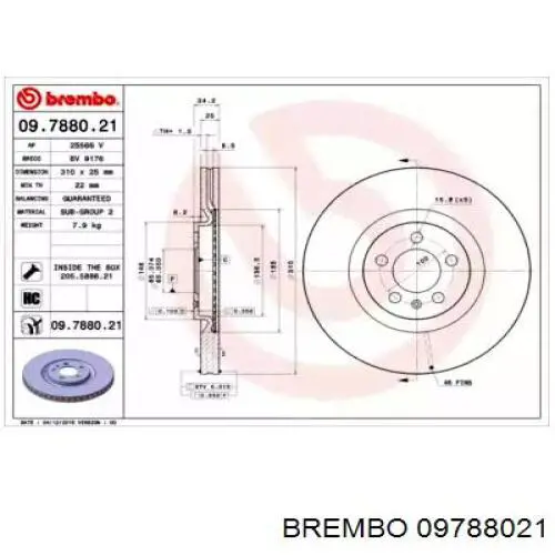 09788021 Brembo диск гальмівний передній