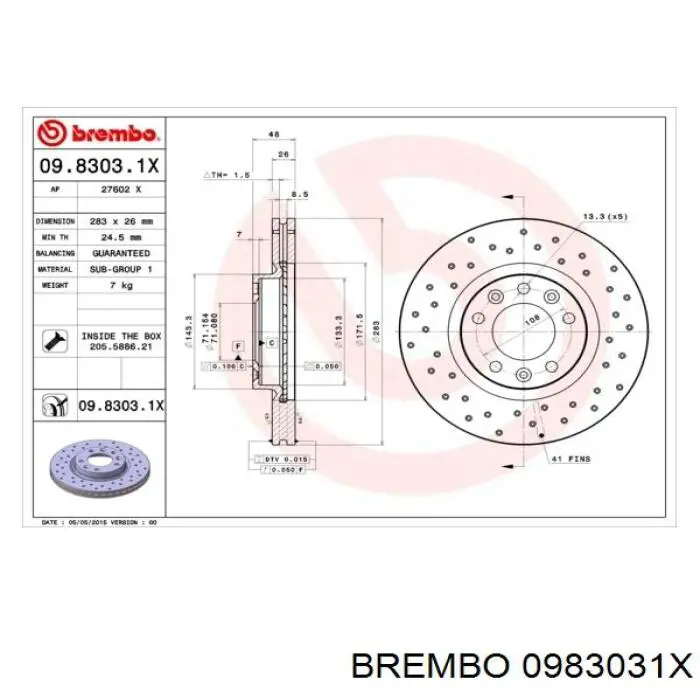 Диск гальмівний передній 0983031X Brembo