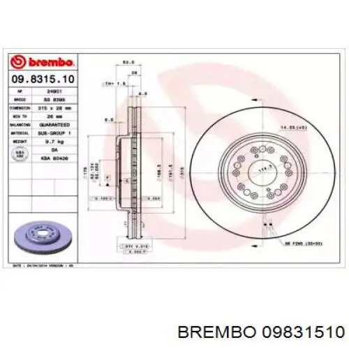 Диск переднього гальма Brembo 09831510 ціна, від 67.91 USD