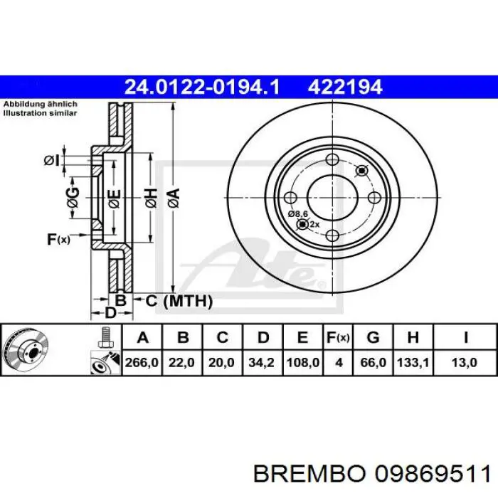 Диск переднього гальма Brembo 09869511 ціна, від 33.76 USD