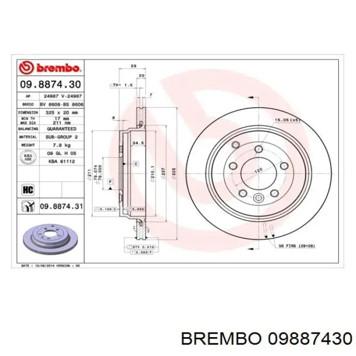 Диск гальмівний задній 09887430 Brembo