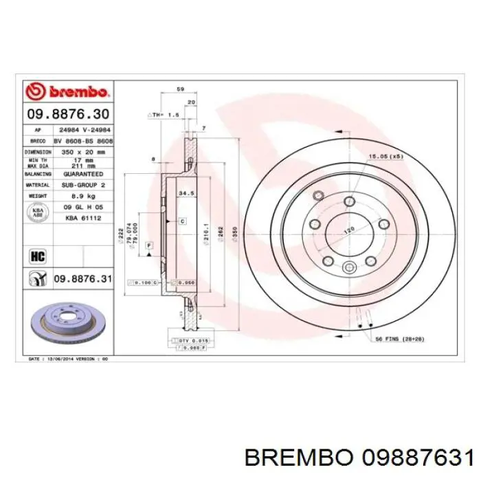 Диск гальмівний задній 09887631 Brembo