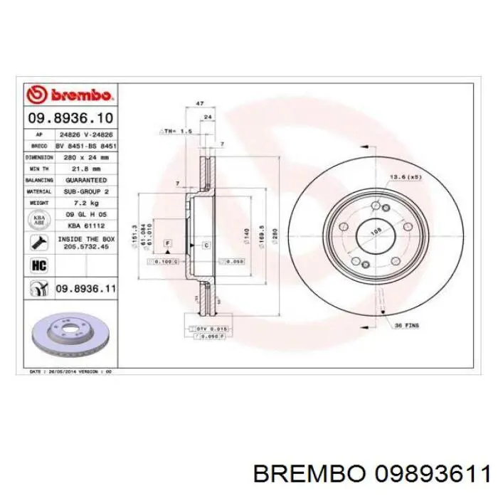 Диск гальмівний передній 09893611 Brembo