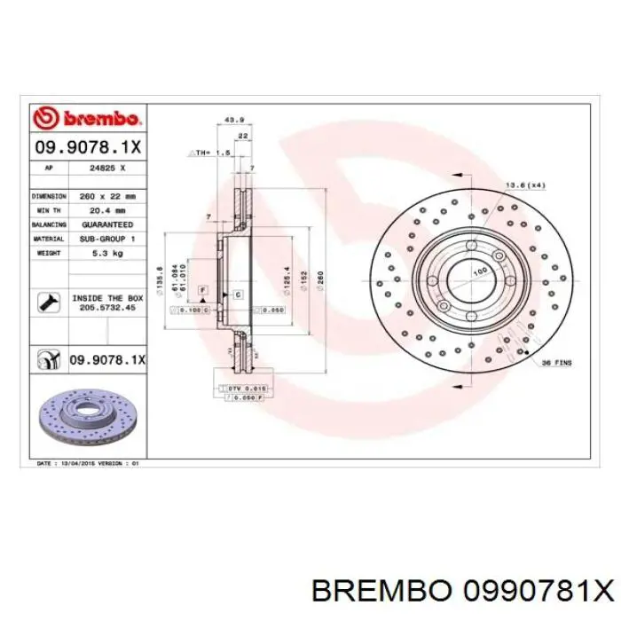 0990781X Brembo диск гальмівний передній