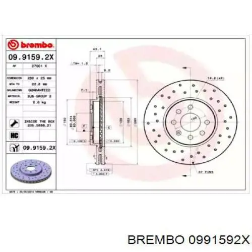 Диск гальмівний передній 0991592X Brembo