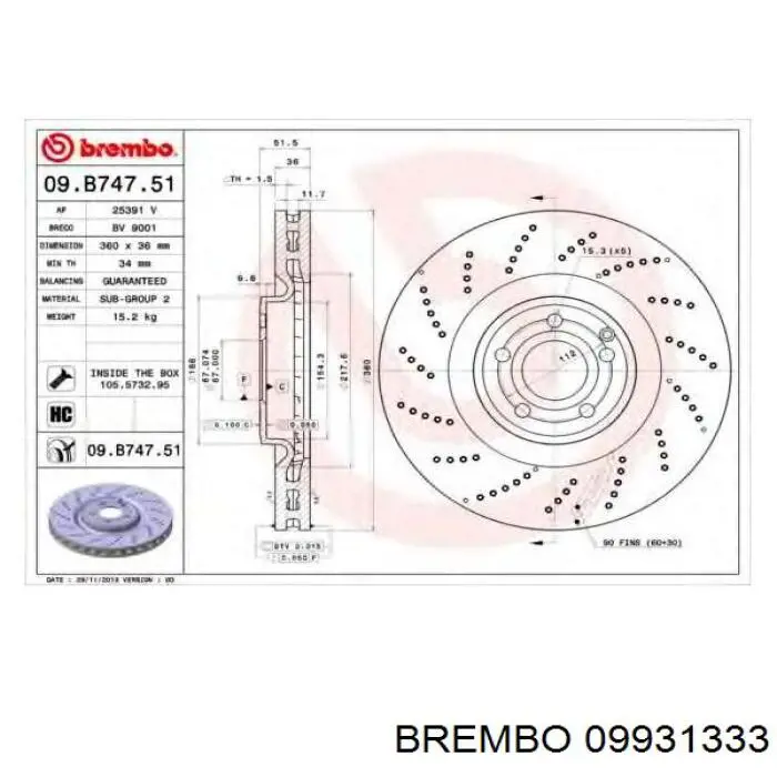 09931333 Brembo диск гальмівний передній