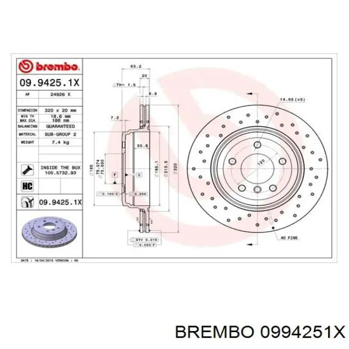 0994251X Brembo диск гальмівний задній