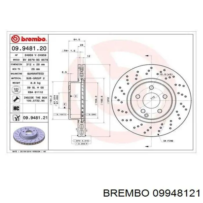 Диск переднього гальма Brembo 09948121 ціна, від 59.09 USD