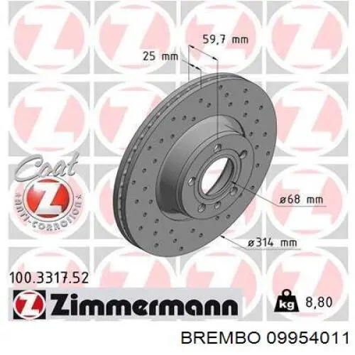 Диск переднього гальма Brembo 09954011 ціна, від 66.30 USD