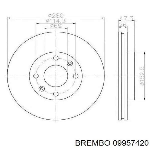 Диск гальмівний передній Brembo 09957420