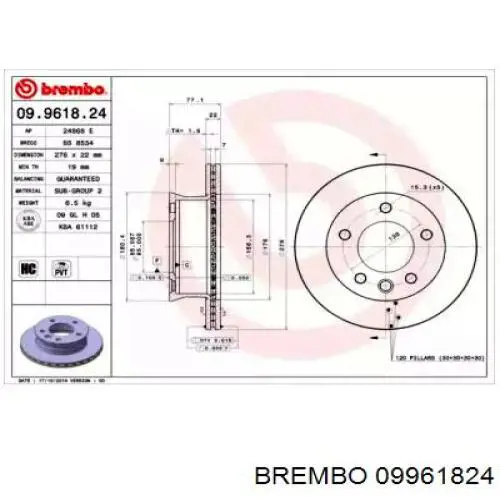 Диск гальмівний передній Brembo 09961824