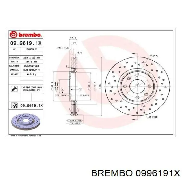 0996191X Brembo диск гальмівний передній