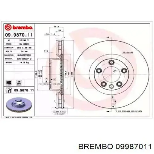 Диск гальмівний передній Brembo 09987011