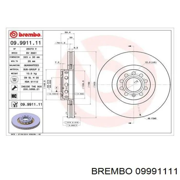 Диск гальмівний передній 09991111 Brembo