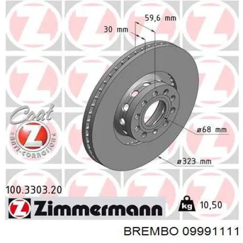 Диск гальмівний передній Brembo 09991111