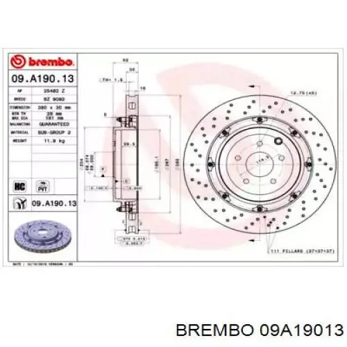 Диск гальмівний задній Brembo 09A19013