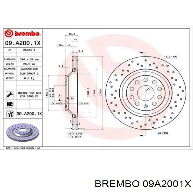 Купити 09A2001X Brembo Диск заднього гальма