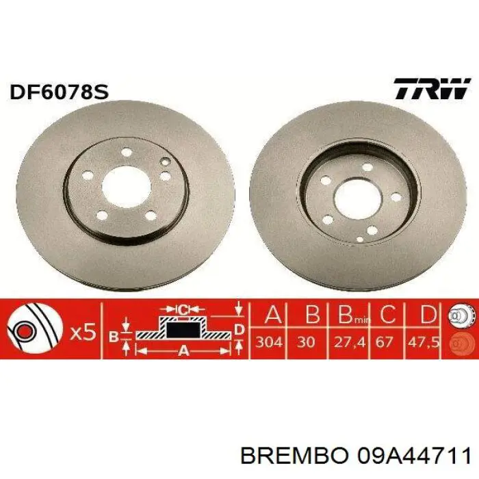 Диск гальмівний передній Brembo 09A44711