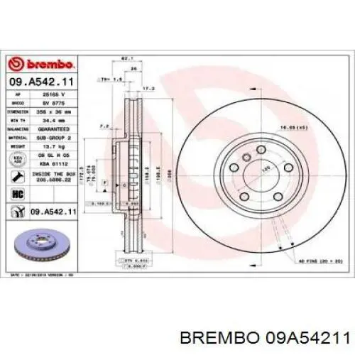 Диск переднього гальма Brembo 09A54211 ціна, від 103.77 USD