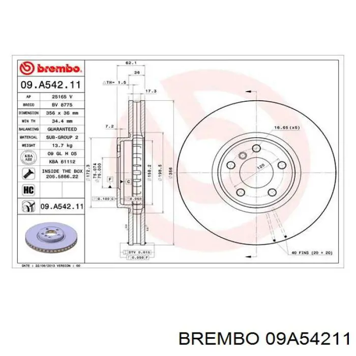 Диск гальмівний передній 09A54211 Brembo