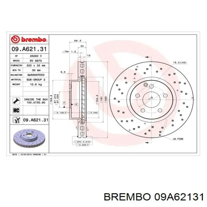 09A62131 Brembo диск гальмівний передній