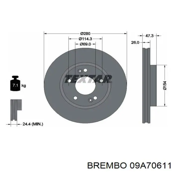 Диск гальмівний передній Brembo 09A70611