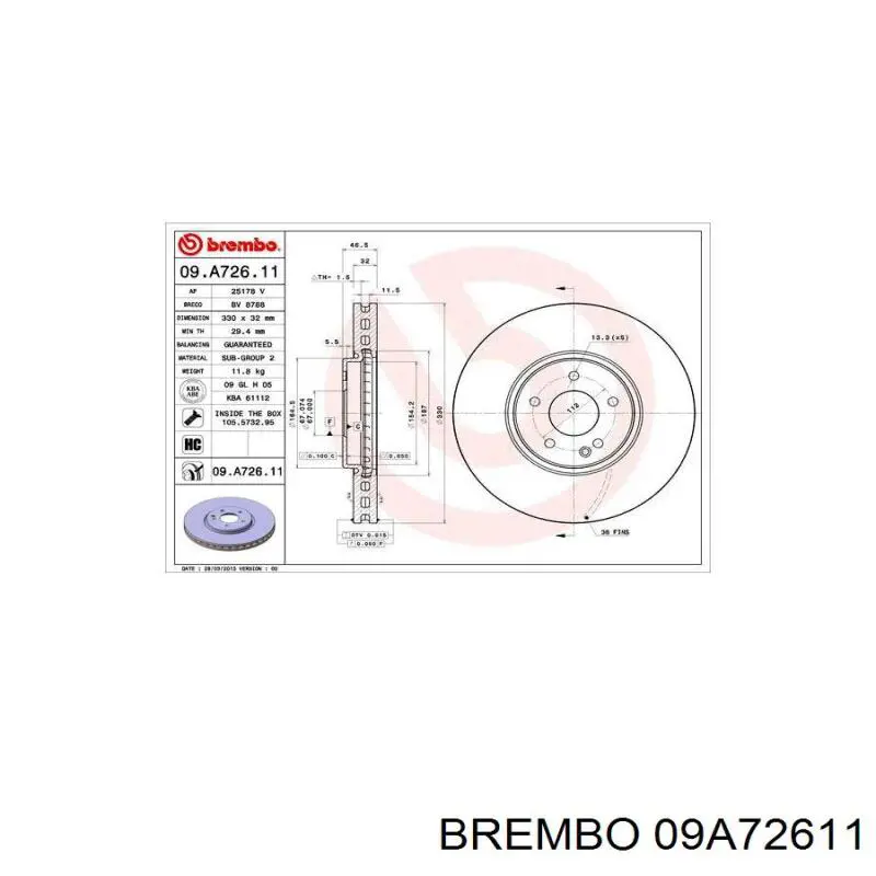 Диск переднього гальма Brembo 09A72611 ціна, від 86.38 USD