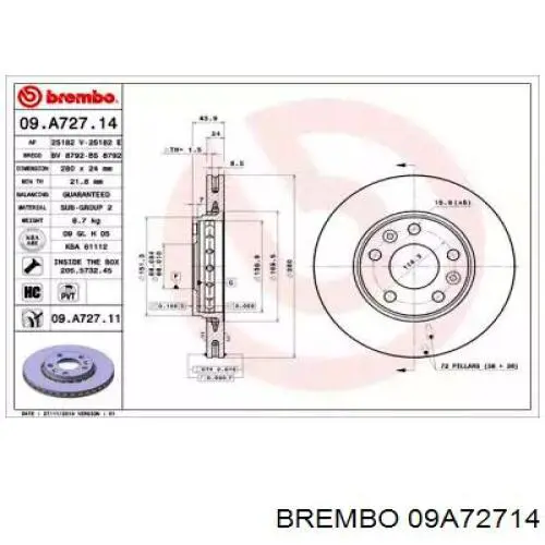 09A72714 Brembo диск гальмівний передній