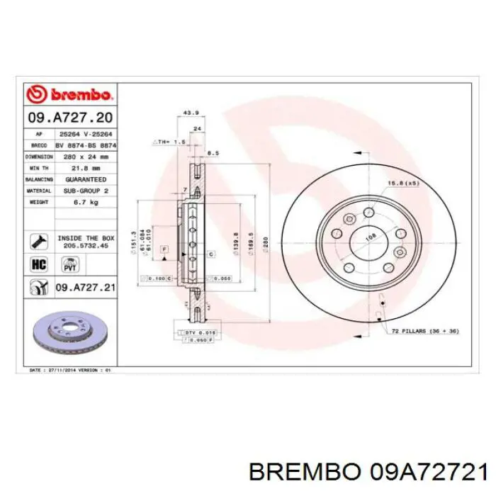 Купити 09A72721 Brembo Ротор гальмівний