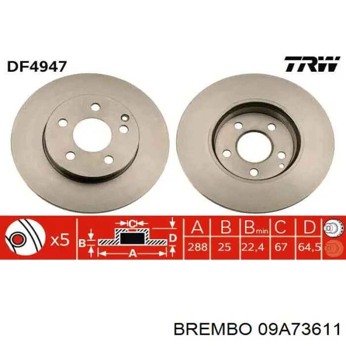 Диск переднього гальма Brembo 09A73611 ціна, від 51.26 USD