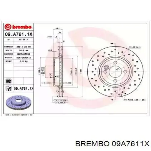 Диск переднього гальма Brembo 09A7611X ціна, від 61.45 USD