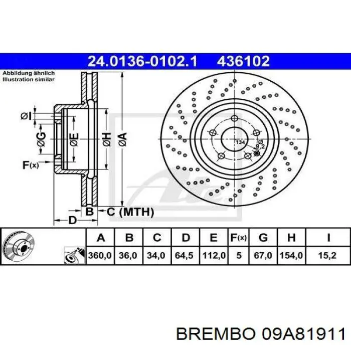 Диск гальмівний передній Brembo 09A81911