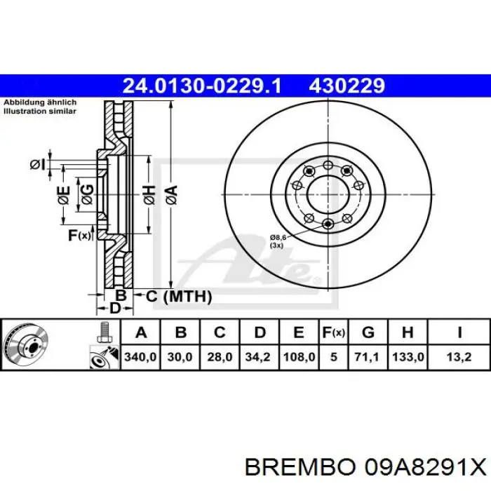 Диск гальмівний передній Brembo 09A8291X
