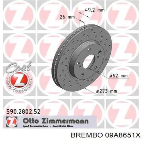 Диск переднього гальма Brembo 09A8651X ціна, від 45.66 USD