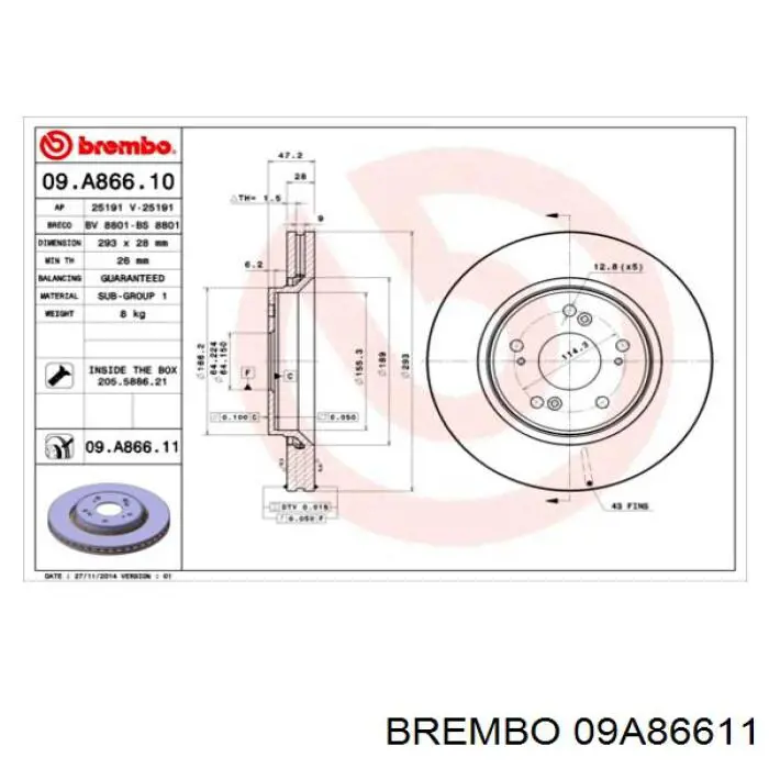 Диск переднього гальма Brembo 09A86611 ціна, від 69.16 USD